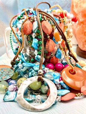 Mystery Jewelry Jar Mug Boho Multicolor Beaded Silver Ring and Coral Accents